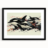 Orca design wall art collection framed with a black mat, showcasing vibrant marine life illustration, perfect for coastal-themed decor.