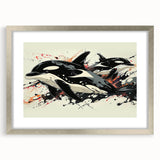 Stylish silver-framed wall art featuring a vibrant orca design, showcasing marine life in beautiful detail, perfect for enhancing any ocean-themed decor.