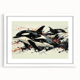 White-framed wall art showcasing a striking orca marine life design, featuring vibrant colors and intricate details, perfect for enhancing coastal-themed decor.
