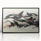 Framed wall art featuring a vibrant orca design set against a black background, showcasing marine life in stunning detail, perfect for ocean-themed decor.