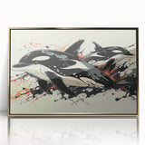Framed acrylic wall art featuring a striking orca design in vibrant colors, elegantly displayed with a gold frame, ideal for marine life enthusiasts.