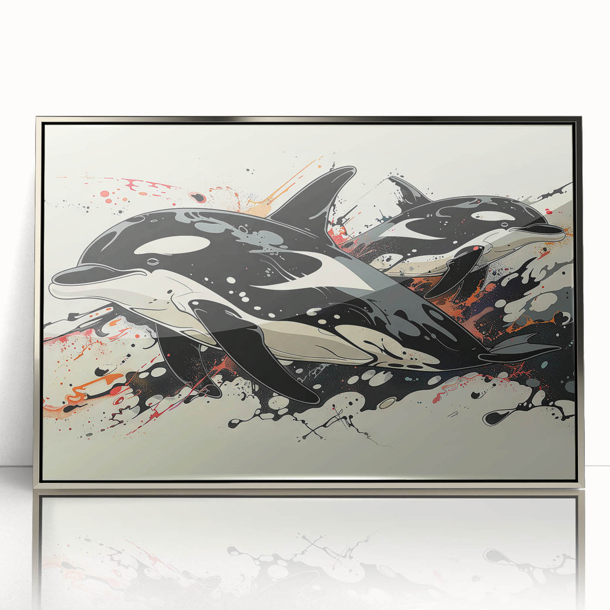 Framed acrylic wall art featuring a stunning orca design, showcasing vibrant marine life with a silver frame, ideal for ocean-themed decor.