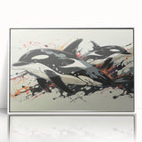Framed acrylic wall art featuring a stunning orca design in vibrant colors, showcased against a white background, perfect for marine life enthusiasts.