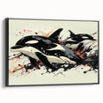Framed canvas wall art showcasing a stunning orca design in vibrant colors, presented in a sleek black frame, perfect for marine life enthusiasts. Ideal for home decor.
