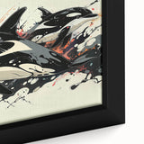 Close-up of a framed canvas art piece showcasing a vibrant orca whale design, featuring detailed marine life elements in blue and green hues, perfect for ocean-themed decor.