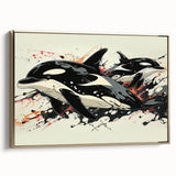 Framed canvas wall art depicting a striking orca design, showcasing detailed marine life in vibrant colors, elegantly presented with a gold frame for a luxurious touch.