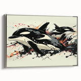 Framed wall art featuring a stunning orca design on canvas, showcasing vibrant colors and intricate details, perfect for marine life enthusiasts' decor.