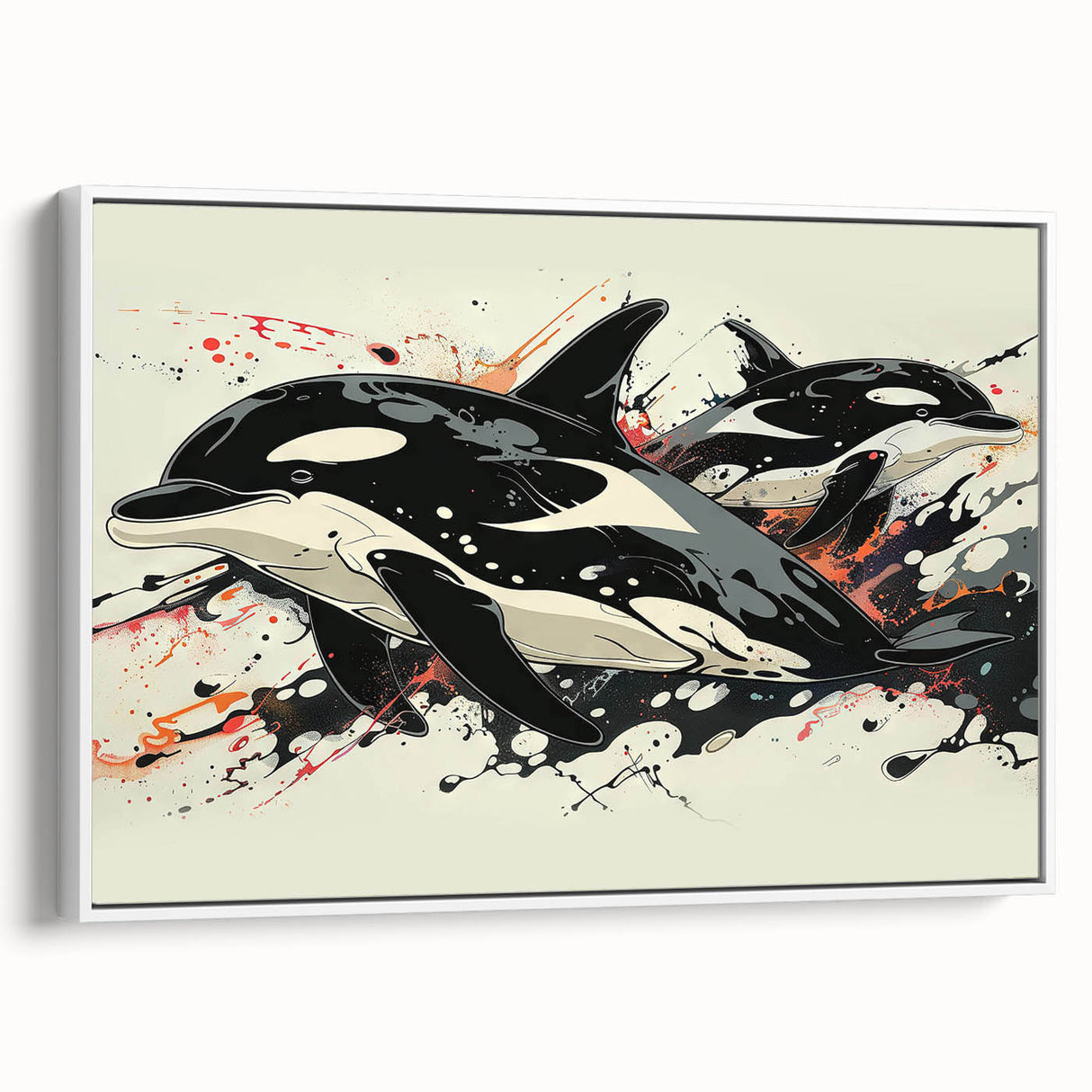 Framed canvas wall art featuring a striking orca design, showcasing vivid colors and intricate marine life details, displayed against a white background.
