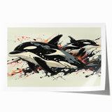 Orca-themed wall art print showcasing vibrant marine life design in blue and green hues, rolled and ready for framing or display in coastal decor.