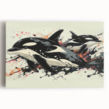 Stretched canvas featuring an intricate marine life design showcasing a majestic orca in vibrant blue hues, perfect for ocean-themed decor and art enthusiasts.