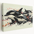 Stretched canvas wall art showcasing a vibrant orca design, featuring intricate marine life details and a striking side view, perfect for ocean-themed decor.