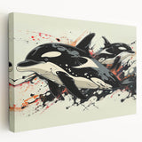 Stretched canvas wall art showcasing a vibrant orca design, featuring intricate marine life details and a striking side view, perfect for ocean-themed decor.