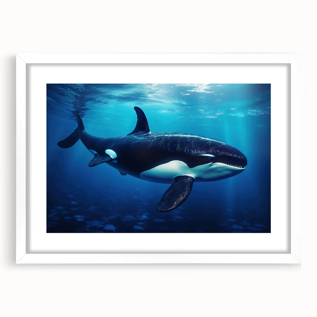 Framed wall art featuring a striking orca design from the Marine Life collection, showcasing intricate details and a crisp white mat, perfect for ocean-themed decor.