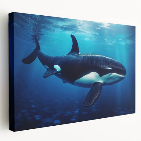 Stretched canvas wall art showcasing a vibrant orca marine life design, featuring rich colors and intricate details, perfect for ocean-themed decor.
