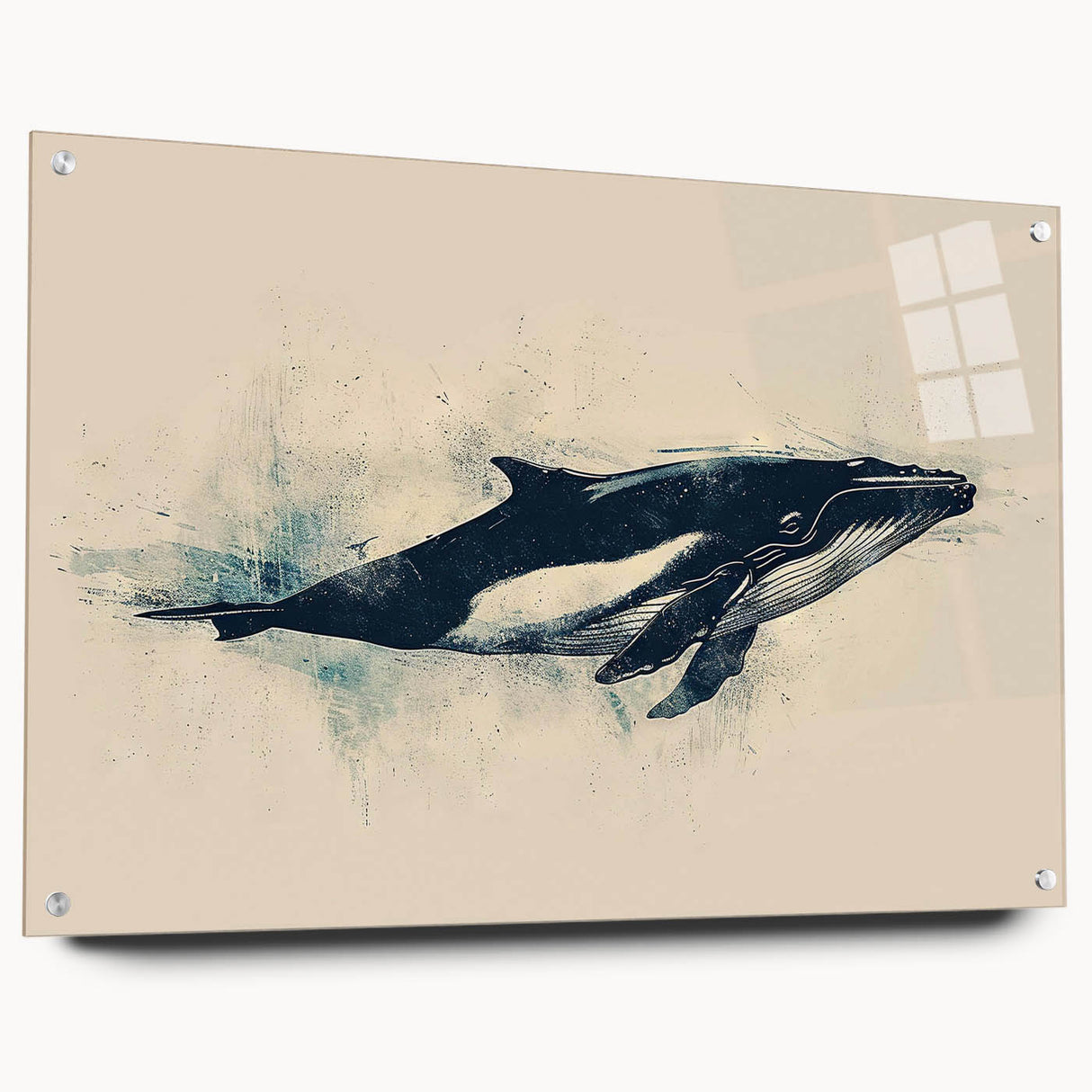 Orca-themed wall art collection displayed in acrylic glass, showcasing vibrant marine life design with colorful pins, ideal for contemporary home decor.