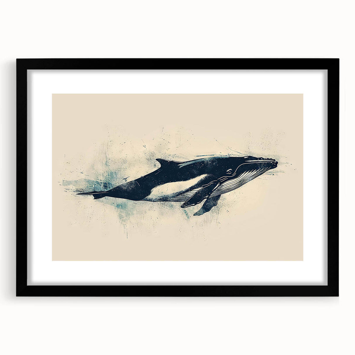 Framed wall art featuring a striking orca design, showcasing vibrant marine life in vivid colors, set in a sleek black frame with a mat for an elegant presentation. Perfect for enhancing coastal-themed decor.