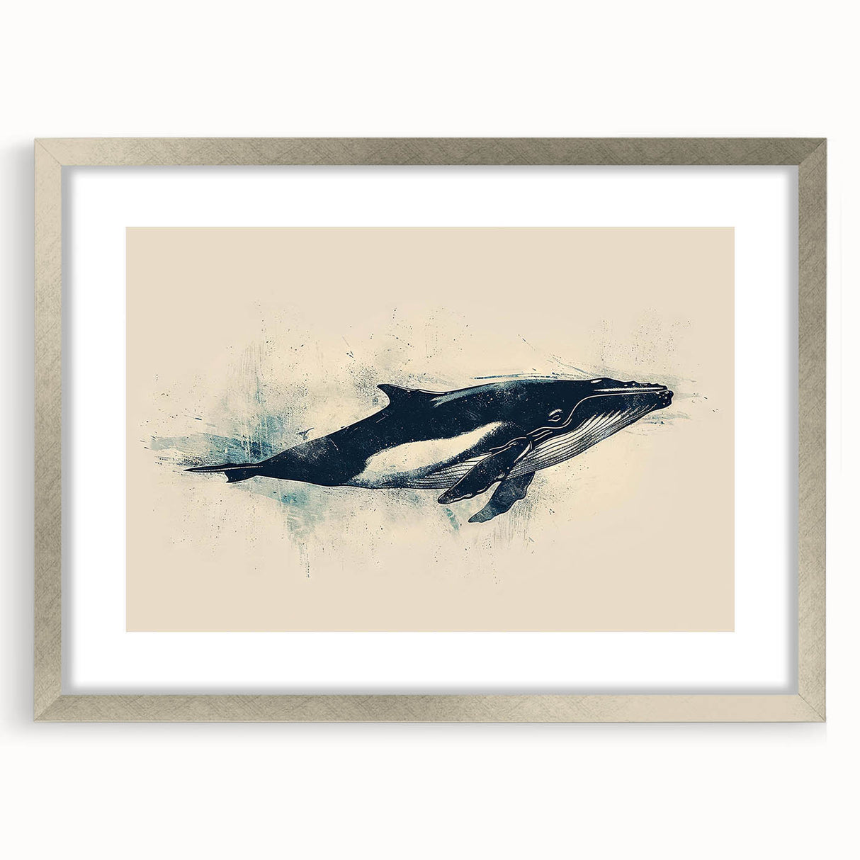 Framed wall art featuring an orca design in a silver frame, showcasing vibrant marine life colors and intricate details, perfect for ocean-themed decor.