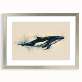 Framed wall art featuring an orca design in a silver frame, showcasing vibrant marine life colors and intricate details, perfect for ocean-themed decor.