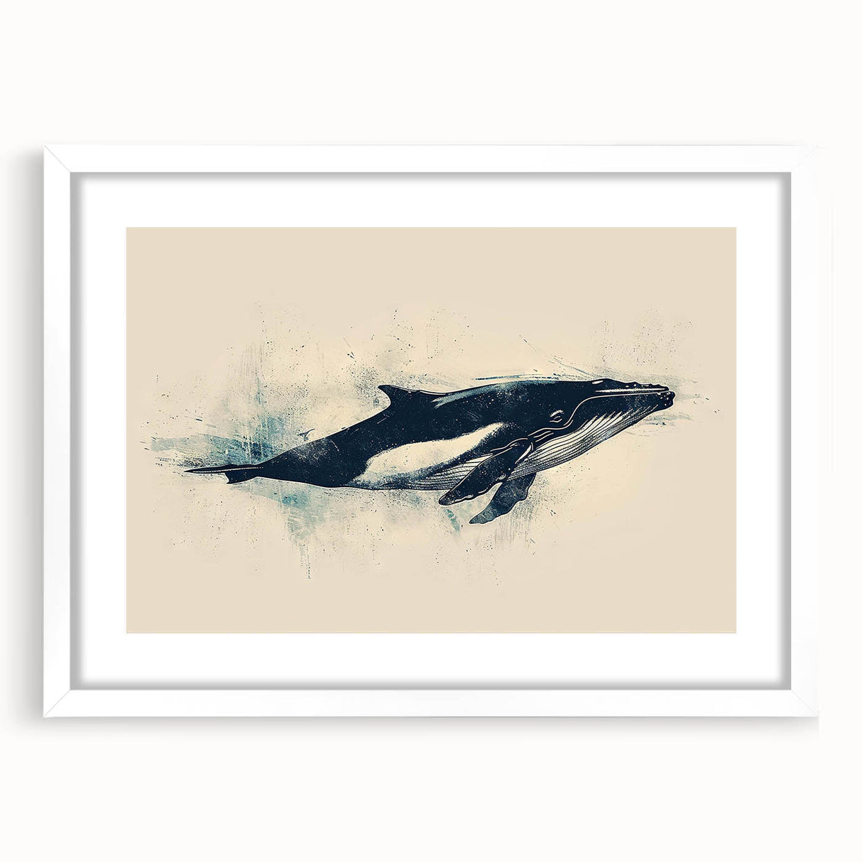 White-framed wall art showcasing an orca design, part of a marine life collection, featuring vibrant colors and intricate details, perfect for ocean-themed decor.