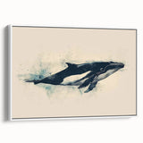 Framed wall art showcasing a vibrant orca design, featuring marine life elements on a textured canvas, set against a white background for a contemporary look.