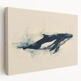 Stretched canvas wall art depicting a vibrant orca design, showcasing deep blue shades and intricate marine life details, perfect for ocean-themed decor.