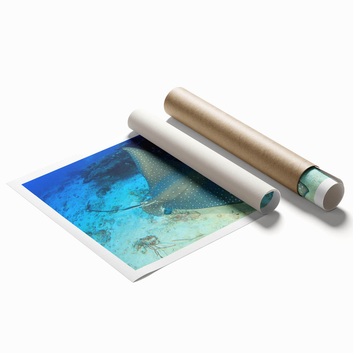 Colorful marine life wall art print showcasing a graceful ray design, featuring vibrant ocean blues and greens, ideal for home decor enthusiasts.