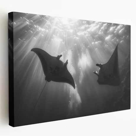 Side view of a stretched canvas wall art featuring a vibrant marine life ray design, showcasing intricate details and colors, perfect for ocean-themed decor.
