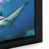 Close-up of a framed canvas wall art piece featuring a vibrant marine life ray design, showcasing intricate details and rich colors, perfect for ocean-themed decor.