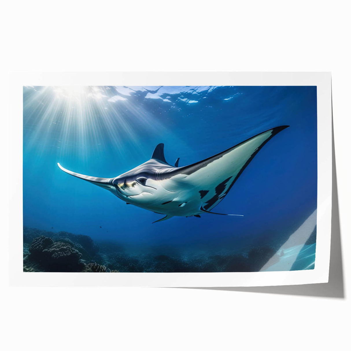 Colorful marine life artwork featuring a manta ray design, showcasing vibrant blues and greens, perfect for ocean-themed decor. Ideal for enhancing living spaces with a touch of nature's beauty.