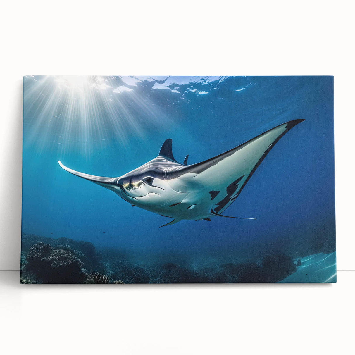 Vibrant stretched canvas wall art depicting a marine life design featuring rays, perfect for ocean-themed decor. Ideal for enhancing living spaces with a coastal vibe.