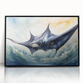 Framed acrylic wall art featuring a vibrant marine life ray design in a sleek black frame, showcasing colorful aquatic elements, perfect for ocean-themed decor.