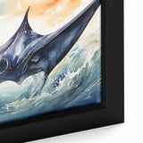 Close-up of a framed canvas wall art piece showcasing a vibrant marine life design featuring rays and colorful ocean elements, perfect for coastal decor.