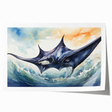 Vibrant marine life wall art print showcasing a majestic ray design in blue and green hues, ideal for ocean-themed decor, rolled for easy framing.