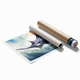 Colorful marine life wall art print showcasing a vibrant ray design, rolled and packaged in a protective tube, perfect for ocean-themed decor enthusiasts.
