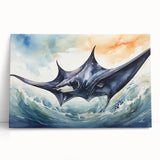 Vibrant stretched canvas wall art showcasing a marine life ray design in stunning blues and greens, perfect for ocean-themed decor and coastal aesthetics.