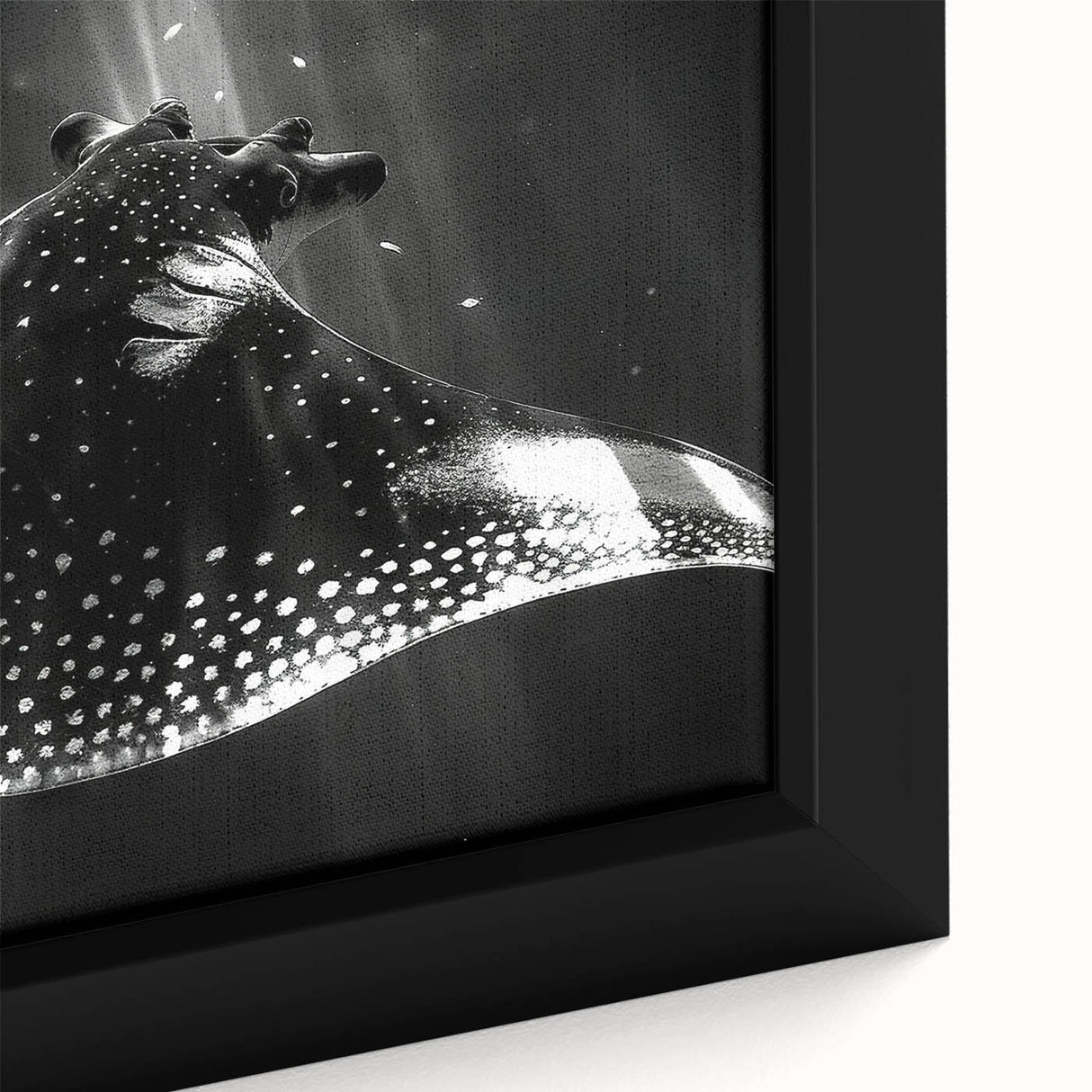 Close-up of a beautifully framed canvas wall art piece showcasing a vibrant marine life ray design, featuring intricate details and vivid colors, perfect for ocean-themed decor.