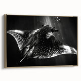 Framed wall art showcasing a vibrant marine life ray design on a gold background, adding elegance to any coastal-themed decor. Perfect for ocean lovers.