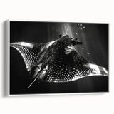Framed wall art featuring a vibrant marine life design with a stingray, displayed against a white background, showcasing intricate colors and textures. Ideal for ocean-themed decor.