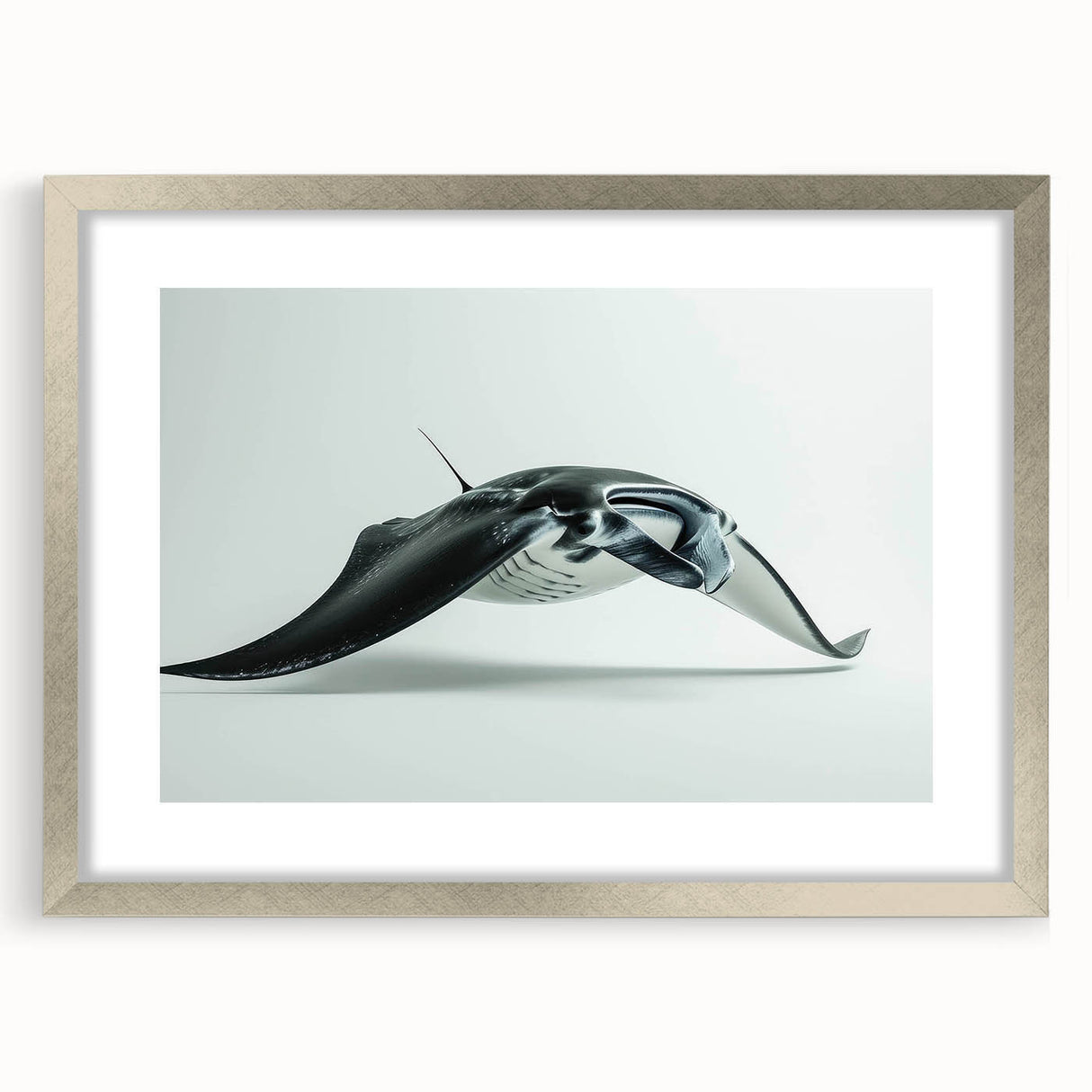 Framed wall art featuring a marine life ray design, elegantly displayed with a silver mat, ideal for ocean-themed decor in modern interiors.