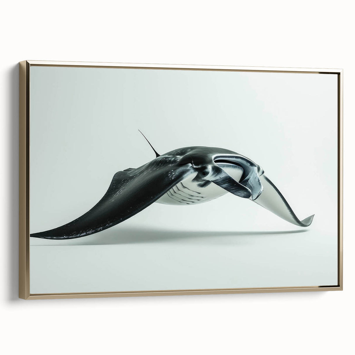 Framed canvas wall art featuring a vibrant marine life ray design in gold tones, showcasing intricate details and textures, perfect for coastal decor.