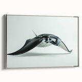Framed canvas wall art depicting a vibrant marine life ray design, showcased from the side in a sleek silver frame, perfect for ocean-themed decor.