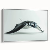 Framed canvas wall art showcasing a vibrant marine life ray design, featuring shades of blue and teal, elegantly displayed against a white background. Ideal for ocean-themed decor.