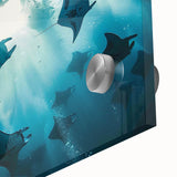Close-up of a vibrant marine life-inspired wall art piece featuring a colorful ray design, crafted on acrylic glass, perfect for ocean-themed decor.