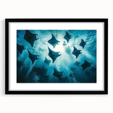 Black-framed wall art featuring a vibrant marine life ray design, showcasing intricate details and vivid colors, perfect for ocean-themed decor.