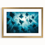 Framed wall art collection showcasing a marine life ray design, featuring a gold frame and matting that enhances its elegance, perfect for ocean-themed decor.