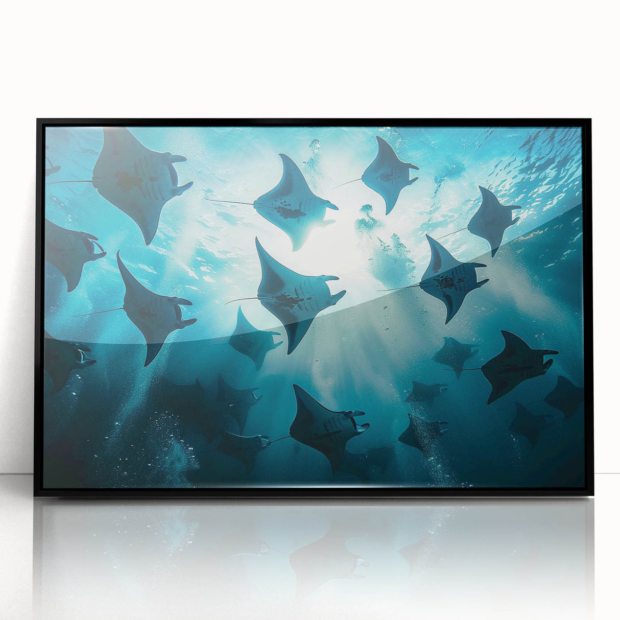 Framed wall art showcasing a stunning marine life ray design, featuring intricate details with a black frame, perfect for ocean-themed decor.