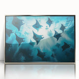Framed acrylic wall art showcasing a vibrant marine life ray design in silver, ideal for modern home decor, enhancing coastal themes with elegance.