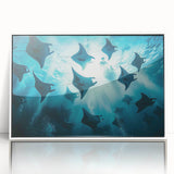 Framed acrylic wall art showcasing a vibrant marine life ray design, featuring intricate details in blue and green hues, perfect for ocean-themed decor.