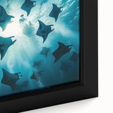 Close-up of a framed canvas wall art piece showcasing a vibrant marine life ray design, featuring intricate patterns and colors ideal for ocean-themed decor.