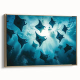 Framed canvas wall art showcasing a stunning marine life ray design in vibrant colors, featuring a gold frame that enhances its elegance, perfect for ocean-themed decor.